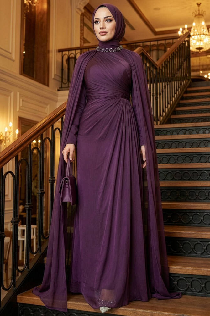 Tesettürlü Abiye Elbise - Pelerinli Mor Tesettür Abiye Elbise 54391MOR - 1