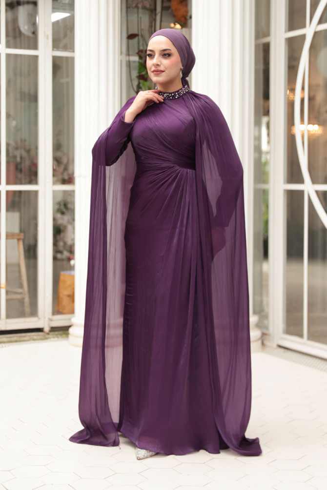 Tesettürlü Abiye Elbise - Pelerinli Mor Tesettür Abiye Elbise 54391MOR - N.S NEVA STYLE