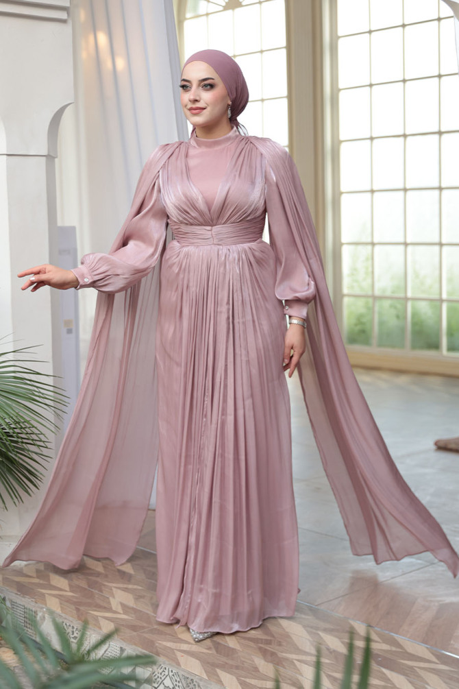 Tesettürlü Abiye Elbise - Pelerinli Pudra Tesettür Abiye Elbise 5447PD - 2