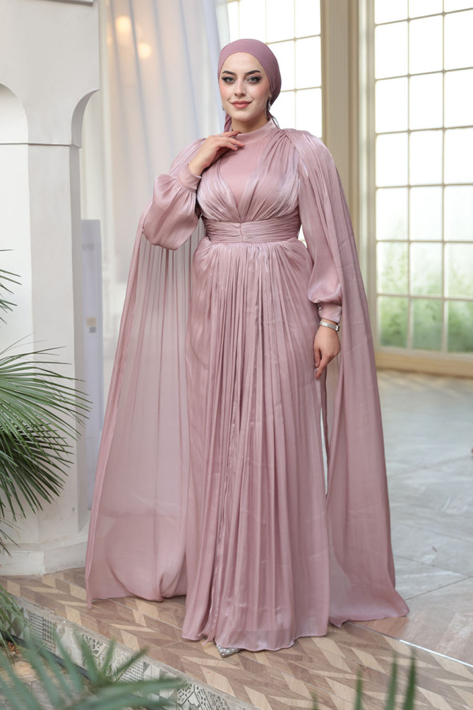 Tesettürlü Abiye Elbise - Pelerinli Pudra Tesettür Abiye Elbise 5447PD - 3