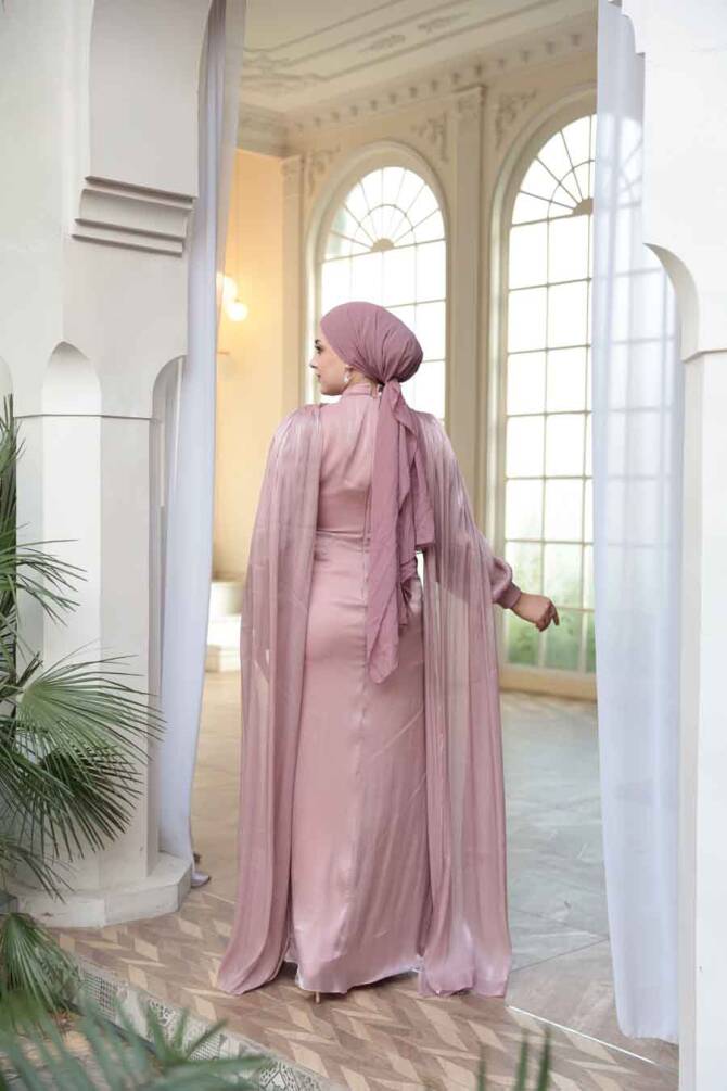 Tesettürlü Abiye Elbise - Pelerinli Pudra Tesettür Abiye Elbise 5447PD - 4
