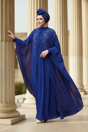 Tesettürlü Abiye Elbise - Pelerinli Sax Mavisi Tesettür Abiye Elbise 25909SX 