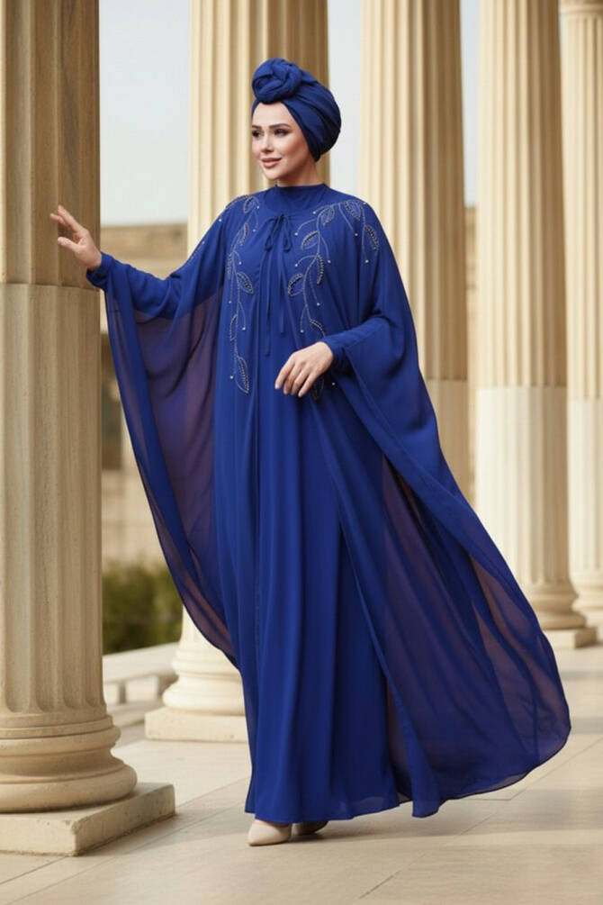 Tesettürlü Abiye Elbise - Pelerinli Sax Mavisi Tesettür Abiye Elbise 25909SX - 1