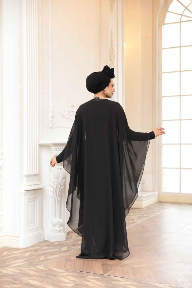 Tesettürlü Abiye Elbise - Pelerinli Siyah Tesettür Abiye Elbise 25909S - 4