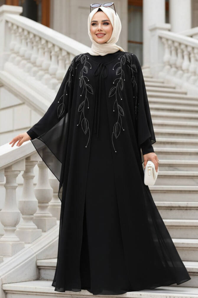 Tesettürlü Abiye Elbise - Pelerinli Siyah Tesettür Abiye Elbise 25909S - 1