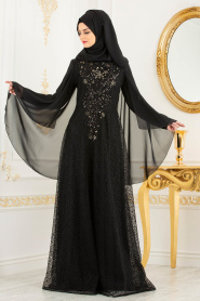 Tesettürlü Abiye Elbise - Pelerinli Siyah Tesettür Abiye Elbise 3287S - Thumbnail