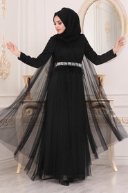 Tesettürlü Abiye Elbise - Pelerinli Siyah Tesettür Abiye Elbise 3906S - Thumbnail