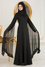 Tesettürlü Abiye Elbise - Pelerinli Siyah Tesettür Abiye Elbise 4045S - Thumbnail