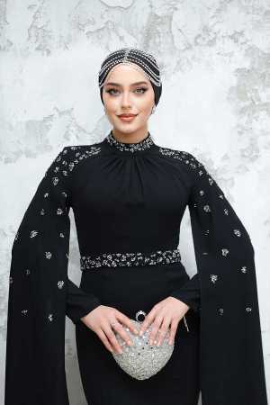 Tesettürlü Abiye Elbise - Pelerinli Siyah Tesettür Abiye Elbise 4863S - 4