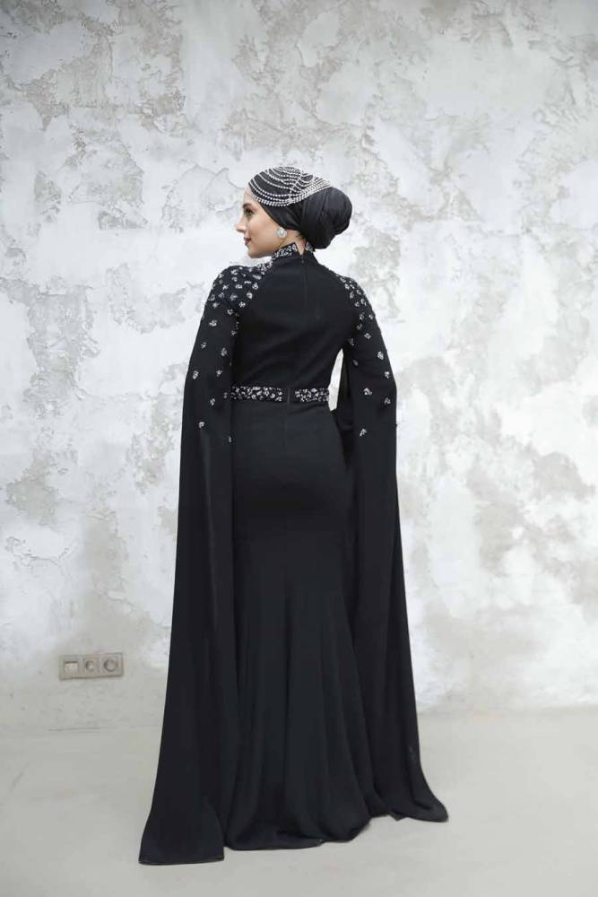 Tesettürlü Abiye Elbise - Pelerinli Siyah Tesettür Abiye Elbise 4863S - 5