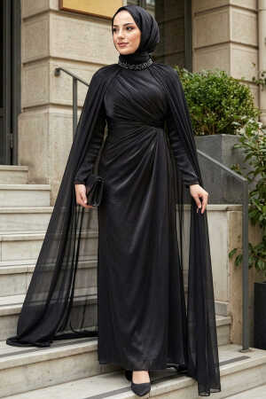 Tesettürlü Abiye Elbise - Pelerinli Siyah Tesettür Abiye Elbise 54391S 