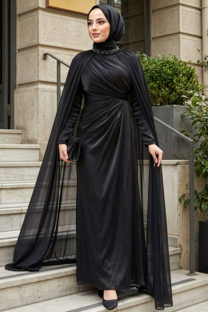 Tesettürlü Abiye Elbise - Pelerinli Siyah Tesettür Abiye Elbise 54391S - 1