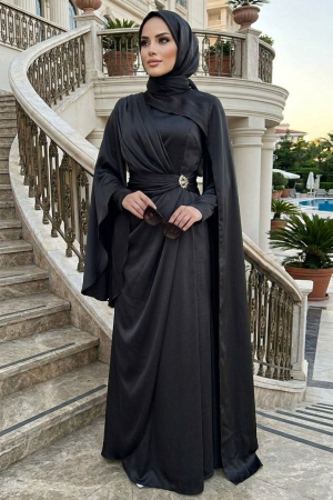 Tesettürlü Abiye Elbise - Pelerinli Siyah Tesettür Abiye Elbise 54901S - 1