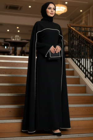 Tesettürlü Abiye Elbise - Pelerinli Siyah Tesettür Abiye Elbise 55481S - N.S NEVA STYLE