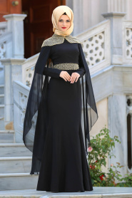 Tesettürlü Abiye Elbise - Pelerinli Siyah Tesettür Abiye Elbise 63611S - Thumbnail
