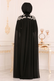 Tesettürlü Abiye Elbise - Pelerinli Siyah Tesettür Abiye Elbise 7992S - Thumbnail