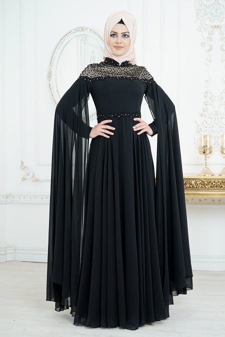 Tesettürlü Abiye Elbise - Pelerinli Siyah Tesettür Abiye Elbise 8023S
