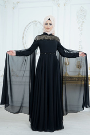 Tesettürlü Abiye Elbise - Pelerinli Siyah Tesettür Abiye Elbise 8023S - Thumbnail