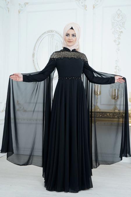 Tesettürlü Abiye Elbise - Pelerinli Siyah Tesettür Abiye Elbise 8023S - 2