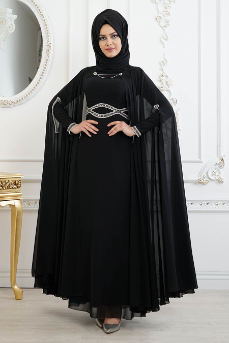 Tesettürlü Abiye Elbise - Pelerinli Siyah Tesettür Abiye Elbise 8094S