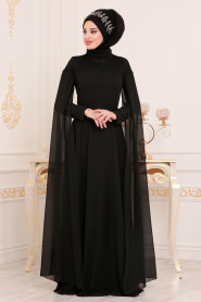 Tesettürlü Abiye Elbise - Pelerinli Siyah Tesettürlü Abiye Elbise 3294S - Thumbnail