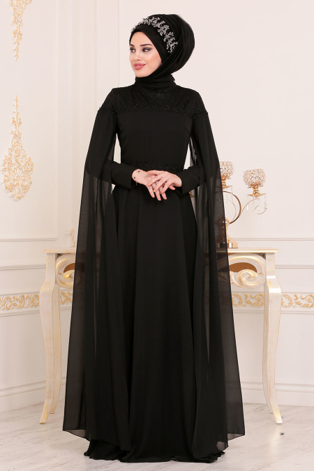 Tesettürlü Abiye Elbise - Pelerinli Siyah Tesettürlü Abiye Elbise 3294S