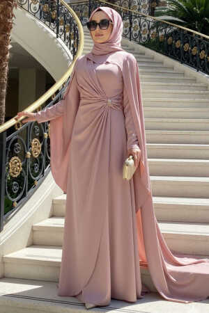 Tesettürlü Abiye Elbise - Pelerinli Somon Tesettür Abiye Elbise 54901SMN 