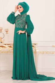 Tesettürlü Abiye Elbise - Pelerinli Yeşil Tesettür Abiye Elbise 3726Y - Thumbnail