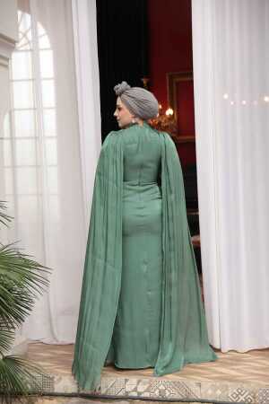 Tesettürlü Abiye Elbise - Pelerinli Yeşil Tesettür Abiye Elbise 5447Y - 4
