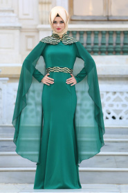 Tesettürlü Abiye Elbise - Pelerinli Yeşil Tesettür Abiye Elbise 6361Y - Thumbnail