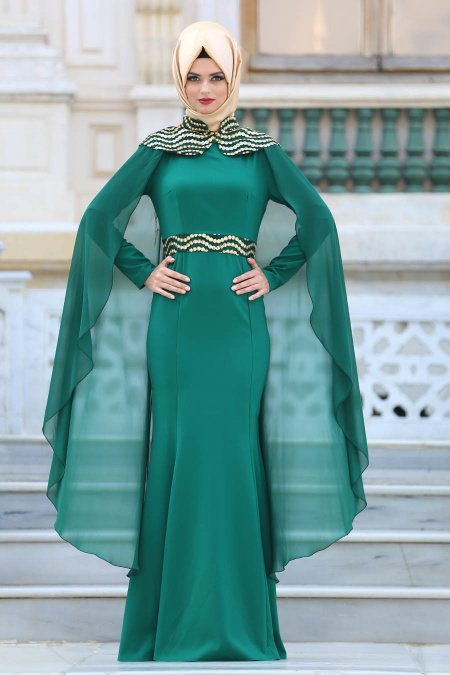 Tesettürlü Abiye Elbise - Pelerinli Yeşil Tesettür Abiye Elbise 6361Y