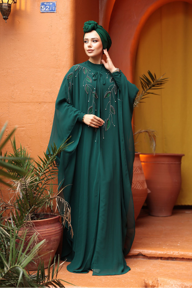 Tesettürlü Abiye Elbise - Pelerinli Zümrüt Yeşili Tesettür Abiye Elbise 25909ZY - 2