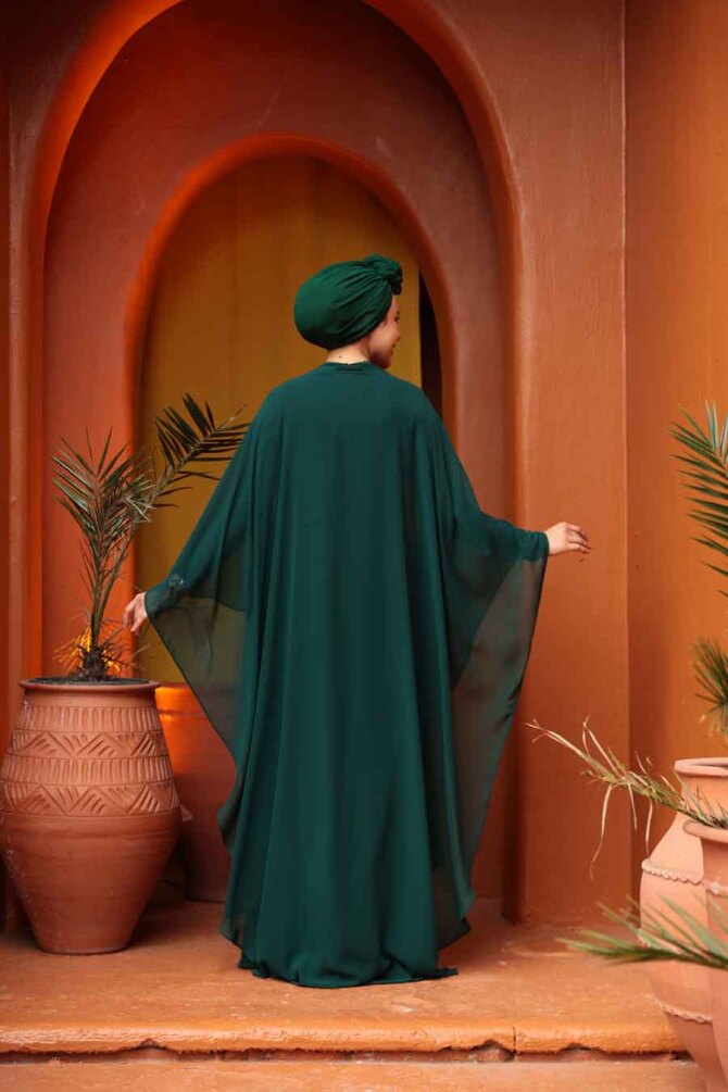 Tesettürlü Abiye Elbise - Pelerinli Zümrüt Yeşili Tesettür Abiye Elbise 25909ZY - 3