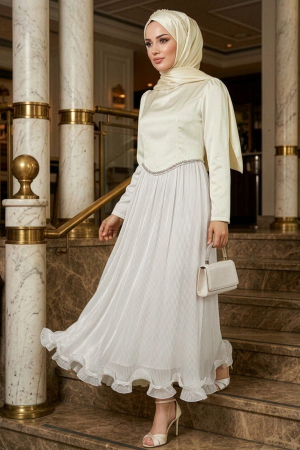 Tesettürlü Abiye Elbise - Pileli Beyaz Tesettür Abiye Elbise 6281B 