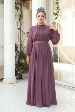 Tesettürlü Abiye Elbise - Pileli Gül Kurusu Tesettür Abiye Elbise 25888GK - 3