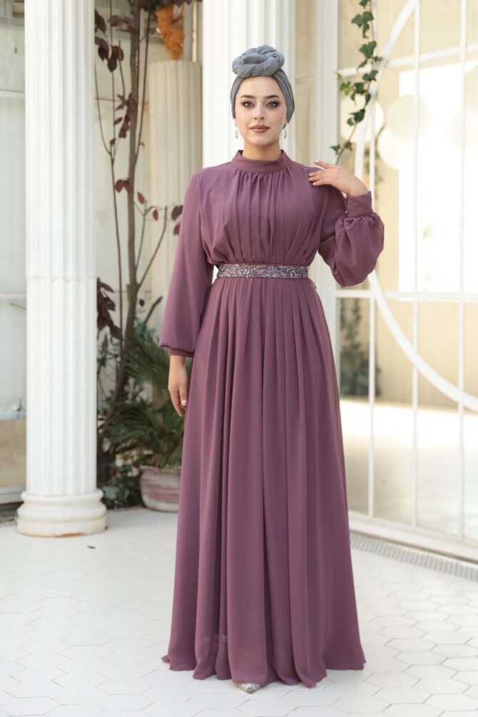 Tesettürlü Abiye Elbise - Pileli Gül Kurusu Tesettür Abiye Elbise 25888GK - 3