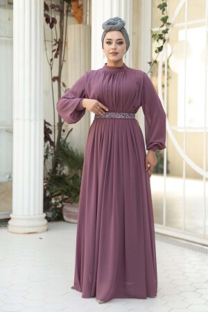 Tesettürlü Abiye Elbise - Pileli Gül Kurusu Tesettür Abiye Elbise 25888GK - 2