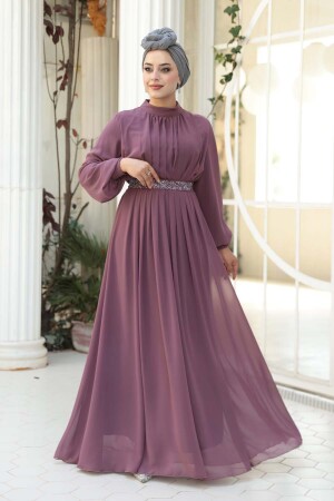 Tesettürlü Abiye Elbise - Pileli Gül Kurusu Tesettür Abiye Elbise 25888GK - 1