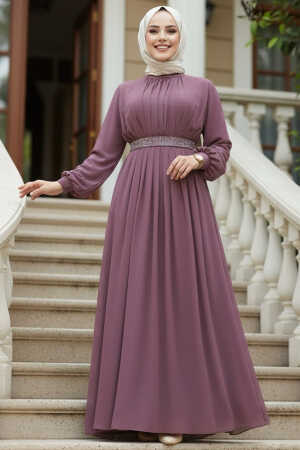 Tesettürlü Abiye Elbise - Pileli Gül Kurusu Tesettür Abiye Elbise 25888GK - 1