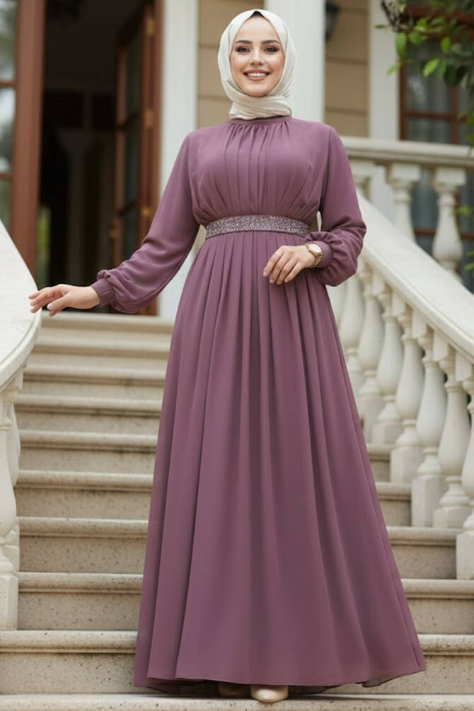 Tesettürlü Abiye Elbise - Pileli Gül Kurusu Tesettür Abiye Elbise 25888GK - TESETTÜRLÜ ABİYE ELBİSELER