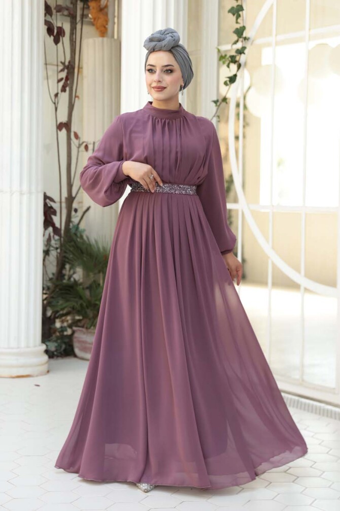 Tesettürlü Abiye Elbise - Pileli Gül Kurusu Tesettür Abiye Elbise 25888GK - TESETTÜRLÜ ABİYE ELBİSELER