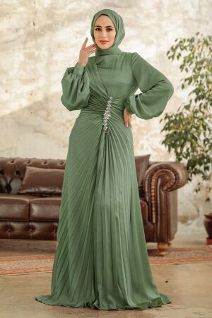 Tesettürlü Abiye Elbise - Pileli Haki Tesettür Saten Abiye Elbise 3933HK - 1