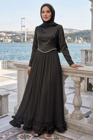 Tesettürlü Abiye Elbise - Pileli Siyah Tesettür Abiye Elbise 6281S - N.S NEVA STYLE