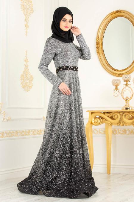 Tesettürlü Abiye Elbise - Pırıltılı Gri Tesettür Abiye Elbise 4581GR - 2