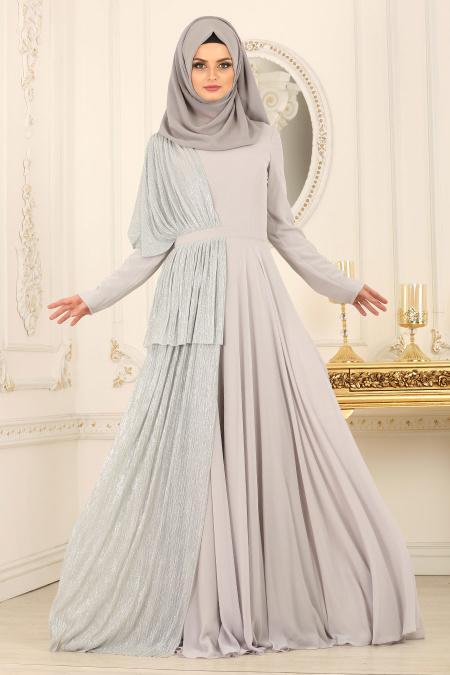 Tesettürlü Abiye Elbise - Pırıltılı Gri Tesettürlü Abiye Elbise 103GR - 2