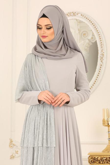 Tesettürlü Abiye Elbise - Pırıltılı Gri Tesettürlü Abiye Elbise 103GR - 3
