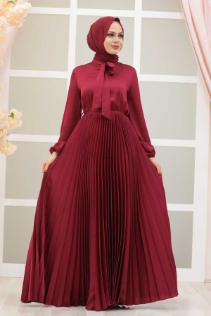 Tesettürlü Abiye Elbise - Pliseli Bordo Tesettür Abiye Elbise 3031BR - 2