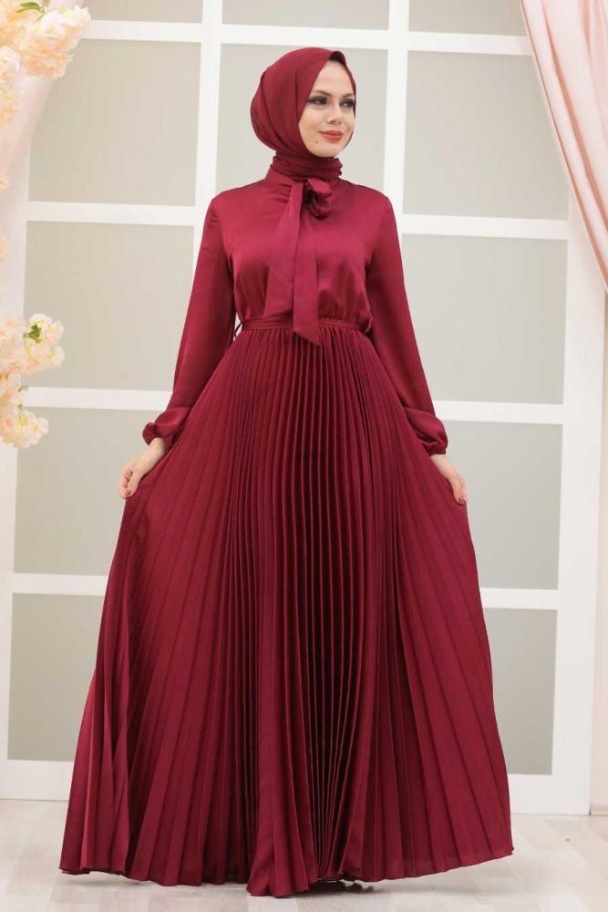 Tesettürlü Abiye Elbise - Pliseli Bordo Tesettür Abiye Elbise 3031BR - 2