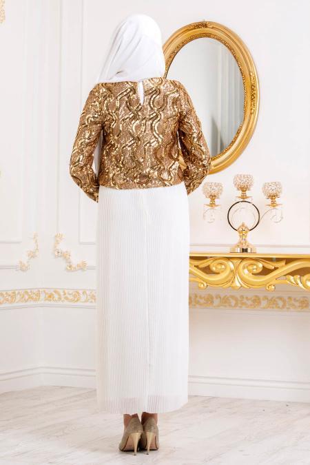 Tesettürlü Abiye Elbise - Pliseli Gold Tesettür Abiye Elbise 3743GOLD - 2