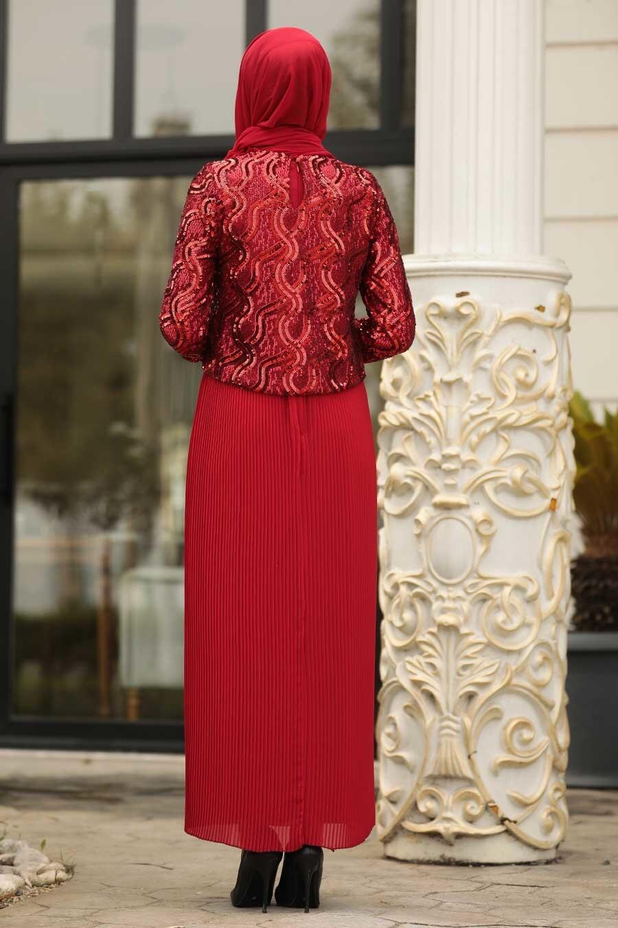 Tesettürlü Abiye Elbise - Pliseli Kırmızı Tesettür Abiye Elbise 3743K